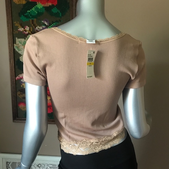 Planet Gold Ribbed Cropped Top Juniors Medium Tan Incense Square Neck Lace-Trim - Picture 6 of 10